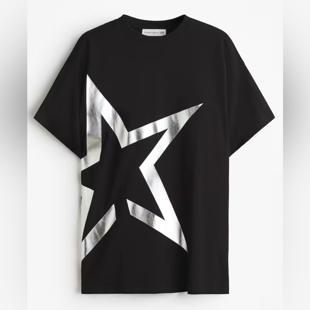 H&M Silver Foil & Black Oversized Short-Sleeve Cotton T-shirt Large, NWT